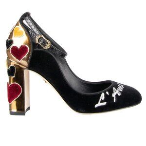 Dolce & Gabbana - Velvet Ankle Strap Hearts Pumps VALLY L'Amore Black Gold EUR 4